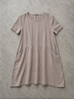 Pistache 100% Linen Shift Dress XL Made in Italy Taupe Pockets Oversized FLAW